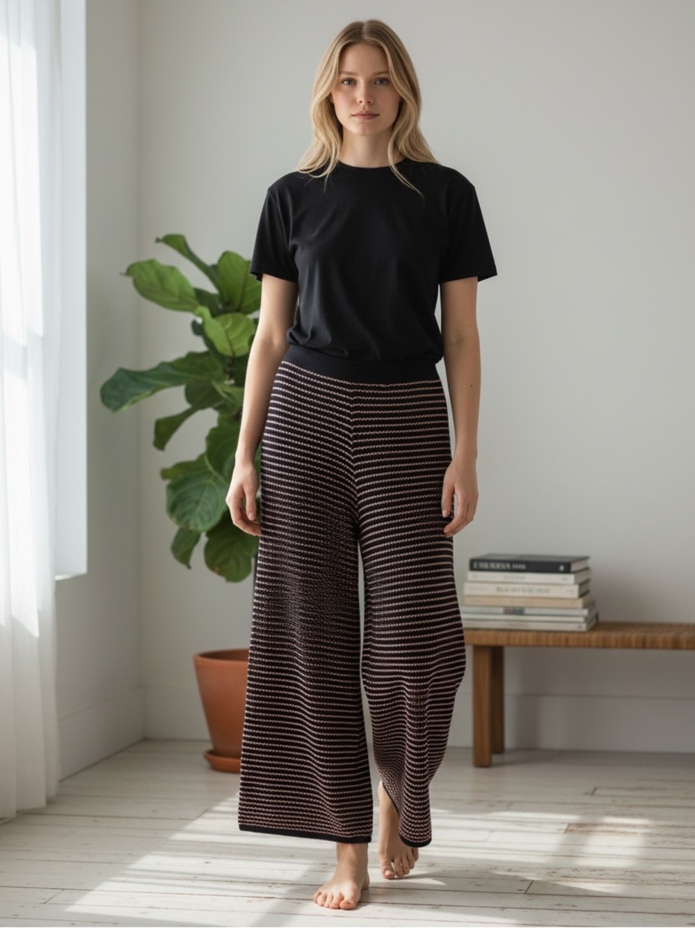 ZARA Women’s Pink/ Black Heavy Knit See Through Elastic Waist Wide-Leg Pants L